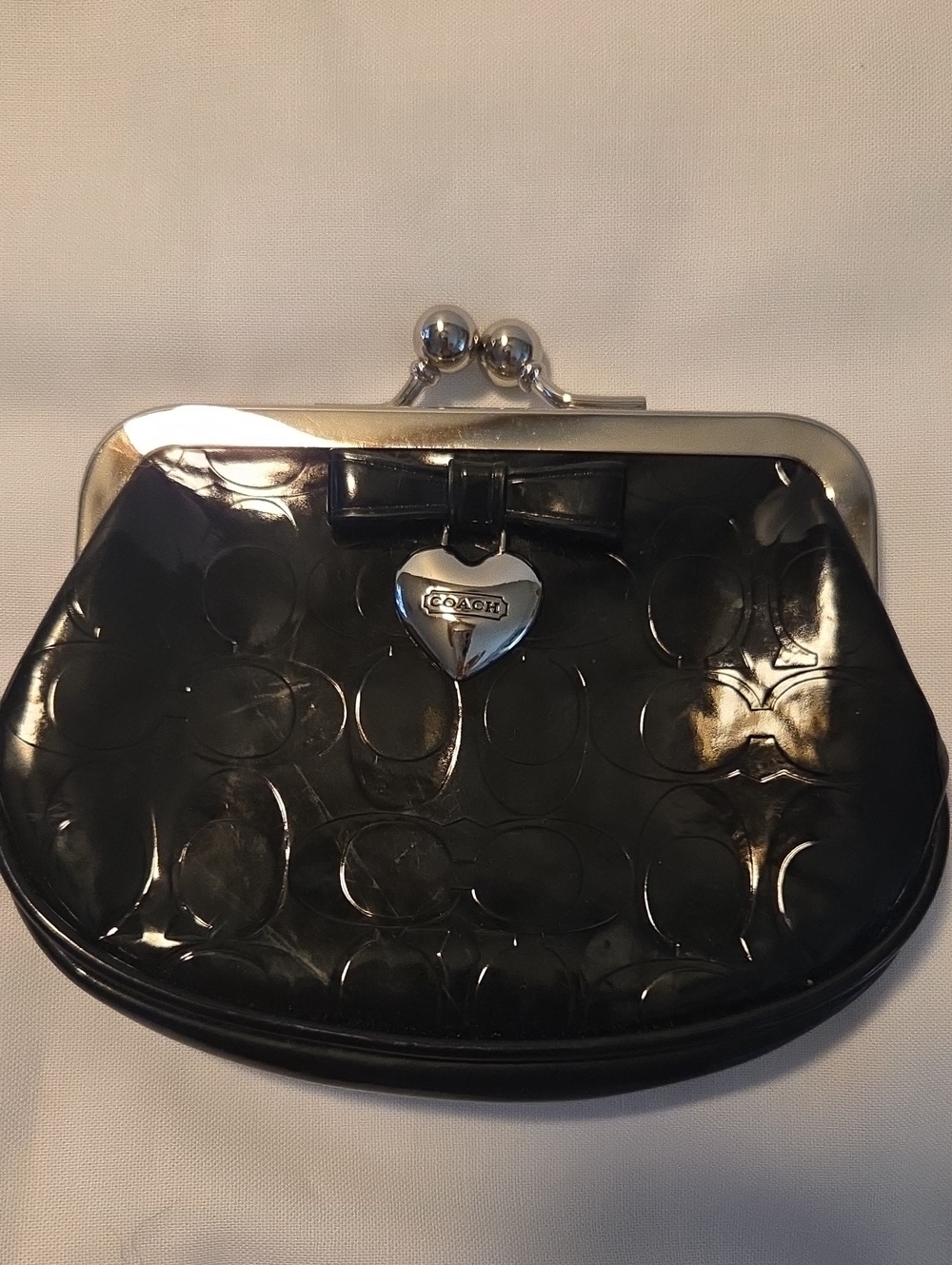 Coach Black Patent Leather Kisslock Clutch with Heart Charm